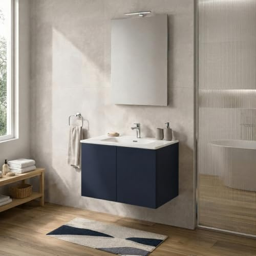 Mobile Bagno Sospeso 80 cm Blu – Mobiletto Lavabo Moderno a Due Ante Push and Pull – Mobile Già Montato con Lavandino ad Incasso Linea Tierra