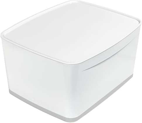 Leitz A4 MyBox Large with Lid, Storage Box for Home and Office, 18 L, Matt Finish, Plastic, BPA Free and Food Safe, White/Grey, 52161001