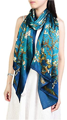 Prettystern Seide-Stola blau XXL Oversize van Gogh Mandelbaumzweige