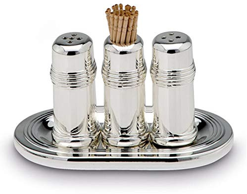 Salz- & Pfeffer-Menage 4-teilig - versilbertes Gewürzset mit Tablett 12x7 cm, Salz- & Pfefferstreuer & Zahnstocher Box, poliert & anlaufgeschützt, stilvolles Tischset für Festtafel, Dinner & Buffet