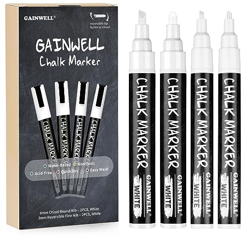 GAINWELL Weißer flüssiger Kreidemarker 3mm und 6mm Spitzen - Verwendung auf Kreidetafel, Whiteboard, Glas - 4er Pack - Wasserbasierender Stift zum Abwaschen mit Feuchttuch