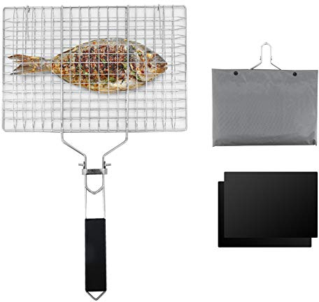 Grillkorb für Grill, tragbarer Grillkorb, faltbares Grillnetz aus Edelstahl mit Grillmatte für Bratenfisch, Garnelen, Gemüse, Steak, Fleisch