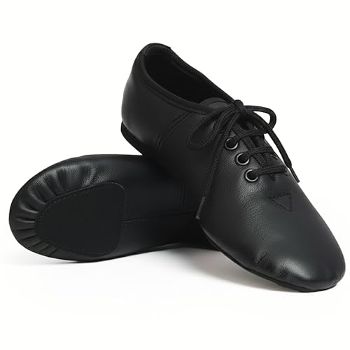 Jazz Dance Black Shoes Modern Stage Shoes, Rubber Split Sole, Pure Leather Jazz Shoes (See Size Guide in Pictures) Lace Up