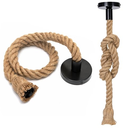 Aigostar Vintage Seil Hängelampe,Retro E27 Hanfseillampe mit Kabel 1m,Für Küche,Haus,Cafe,Bar, Lager, Bauernhof (ohne Birne)
