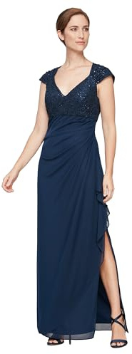 Alex Evenings Women's Stretch Sequin Bodice Empire Waist Long Dress, Navy Corded Lace, 16