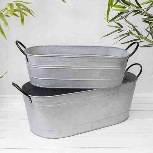 Annibells Large Aged Zinc Galvanised Metal Oval Trough Planters - Available in 2 Sizes (Small) Grey