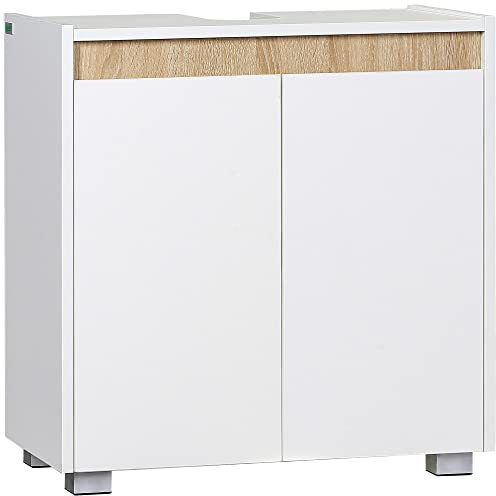 kleankin Mueble para Debajo del Lavabo Armario de Suelo para Baño Armario Bajo con 2 Puertas y Almacenamiento Interior Antivuelco 57x33x60 cm Blanco