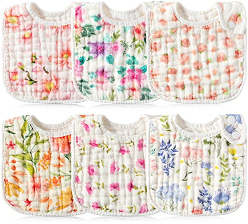 GROBRO7 6Pcs Blumen Baby Snap Lätzchen Baumwolle Neugeborenen Sabberlätzchen mit verstellbaren Druckknöpfen für Kleinkind Zahnen, weiche saugfähige Baby Geschenke, Maschine waschbar (0-36 Monate)