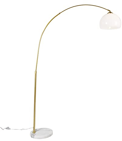 Qazqa - Modern Smarte Bogenlampe aus Messing mit weißem Schirm inkl. WLAN A60 - Arc Basic Dimmer I Dimmbar I Wohnzimmer I Schlafzimmer - Stahl Rund I Länglich - LED geeignet E27