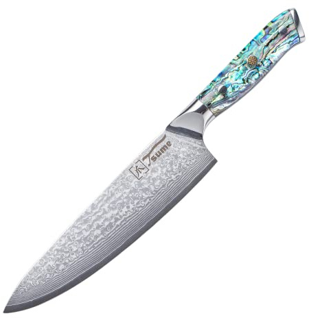 Tsume Kochmesser Gyuto Abalone, Klingenlänge 20cm, Echtes Damast Küchenmesser mit Perlmuttplatten, Chefmesser, 67 Schichten VG10 Edelstahlkern mit Kunstharz Handgriff, Rasiermesserscharf