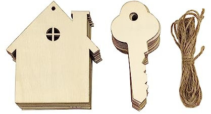 Xonzmmk 32 hölzerne Haus- und Schlüsselausschnitte, unlackiertes Haus und Schlüssel, Ornament, hängende Dekoration, Geschenkanhänger für Zuhause, Party, Dekoration, Bastelprojekt