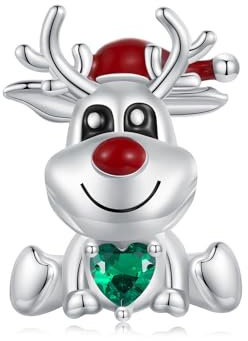 925 Sterling Silber Weihnachts Elch Anhänger für Pandora Armbänder,Hirsch Zirkonia Perlenanhänger,Geschenk für Frauen und Mädchen