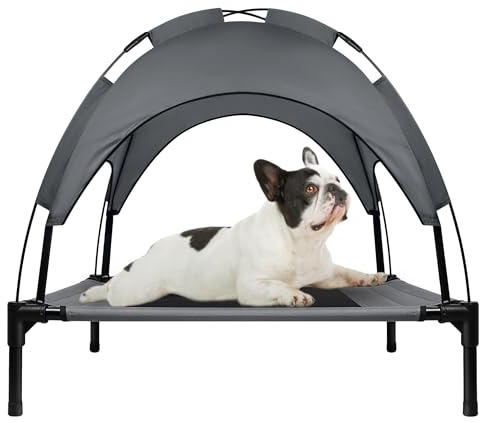 UISEBRT Erhöhtes Hundebett Haustierbett mit Baldachin, Hundeliege Outdoor für Camping Strand, Hundebett mit Wasserdicht Dach Hundesofa mit Atmungsaktivem Netzgewebe, Größe M, 76 x 61 x 76 cm