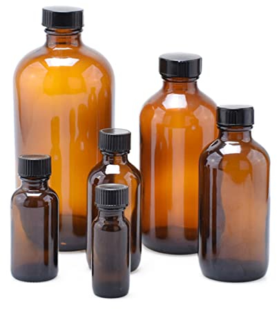 JECOMPRIS 4pcs 30ml Amber Round Glass Bottles with Bakelite Lid for Chemistry and Essential Oils