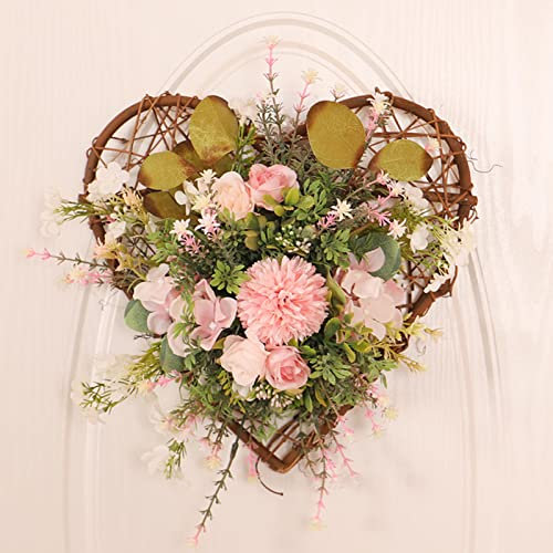 Monozoz Corona di Primavera per Porta, Corone di Fiori Artificiali in Seta a Forma di Cuore con Eucalipto E Rattan,Corone di Primavera con ed Eucalipto, Corone, 30 CM