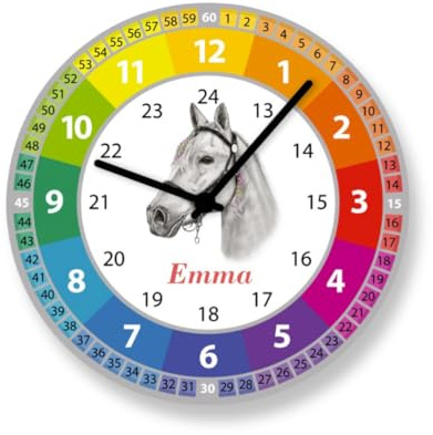 Faramosa Kinderwanduhr Pferd Bunte Lernuhr Mädchen Kinderuhr Geschenk Schulstart Kinder Uhr mit Name lautloses Uhrwerk