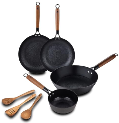 MasterPro ODIN - Kit di cottura: 3 utensili - Padella da 28 cm - Wok da 24 cm - Padella da 24 cm - Casseruola da 16 cm - Rivestimento ceramico antiaderente - Manici in acacia