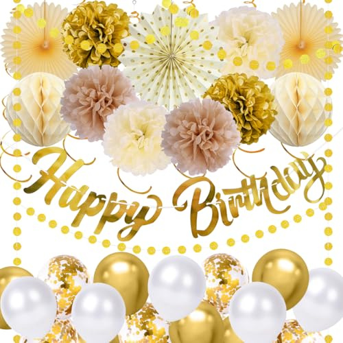 Geburtstagsdeko Gold, Beige Gold Weiß Party Deko Geburtstag Set mit Happy Birthday Banner, Hängenden Papier Lüfter,Wabenbälle,Wiederverwendbare Pompons für Frauen Mädchen Geburtstag Deko