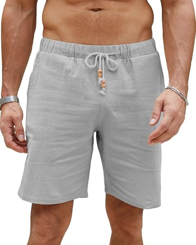 LVCBL Korta byxor herr linne lätta sommarshorts fritidsbyxor med fickor, LJUSGRÅ, M