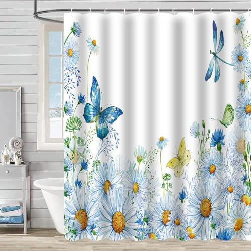 FAIRYGATE Anti Schimmel Duschvorhang Blau Duschvorhang 180 x 180 cm Blüte Badewanne Vorhang Antischimmel Waschbar Shower Curtain mit 12 Duschvorhängeringen Polyester Wasserdicht B8508