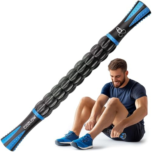 Massage Roller Stick - Blue - Hand Held Body Massager with 9 Rollers & Non-Slip Handles - Deep Tissue Massage & Muscle Recovery - Leg, Back, Arm, Thigh, Butt Sculpting Tool - by Cozlow