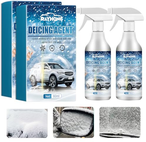 2 pcs Anti-Snow Spray, Spray per Sciogliere il Ghiaccio, Antighiaccio Ad Azione Rapida Scioglie, Anti-Snow Spray with Cloth and Scraper, For Car Windshield Windows Wipers And Mirrors(60ml/pcs)