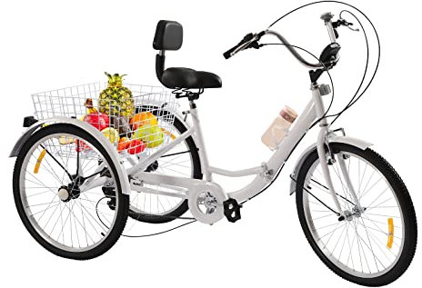 ARBGO 24 Zoll Dreirad für Erwachsene, Klappbar Dreirad, Scheibenbremse, 7 Gänge 3 Rad Fahrrad mit LED Licht Gemüsekorb Becherhalter, SitzhöHe Verstellbar, für Erholung, Einkaufen (Weiß)
