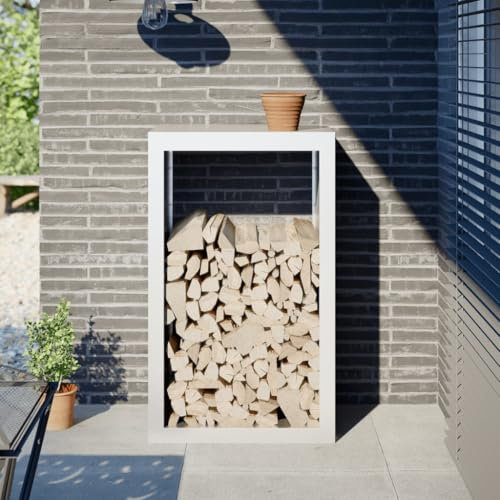 Homgoday Kaminholzregal weiß 60 x 40 x 100 cm aus Stahl, Holzregal für den Innenbereich, Holzregal für Kamin, Innenholz, stapelbar, Holzregal aus Holz