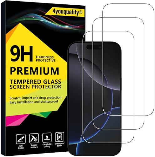 4youquality [3-Pack Screen Protector for iPhone 17/17 Pro / 16 Pro (6.3-Inch), Tempered Glass Film, [LifetimeSupport][Impact-Protection][Anti-Shatter][Anti-Scratch]