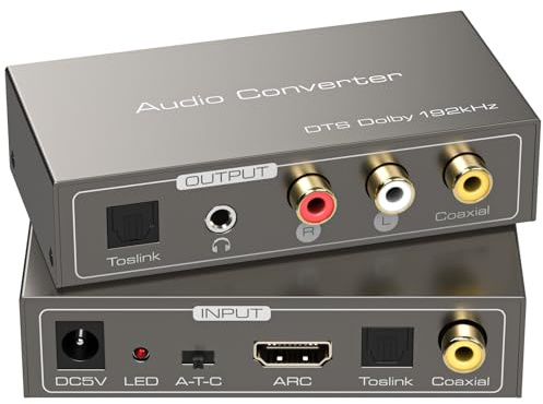XPTSFDU HDMI ARC to RCA Audio Converter 3 in 1 Digital to Analog Audio Converter with Optical Coaxial ARC Input Toslink Coaxial RCA AUX Output Support Dolby DTS LPCM for TV Soundbar Home Theater