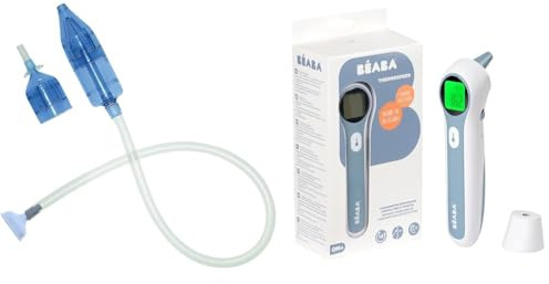 BÉABA, Lot 1 Mouche Bébé et 1 Thermomètre Digital Sans Contact Infrarouge, Aspirateur nasal Manuel Minidoo et Thermospeed Mesure Frontale, Auriculaire, Ambiante, Alerte Fièvre