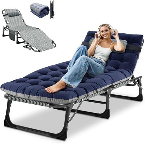 Obqer Folding Lounger, 440LBS Belastbarkeit Klappbett Gästebett mit Matratze, Seitentaschen und Kopfstütze, verstellbare Rückenlehne, Keine Montage erforderlich, geeignet für Garten, Sonnenbaden, Büro