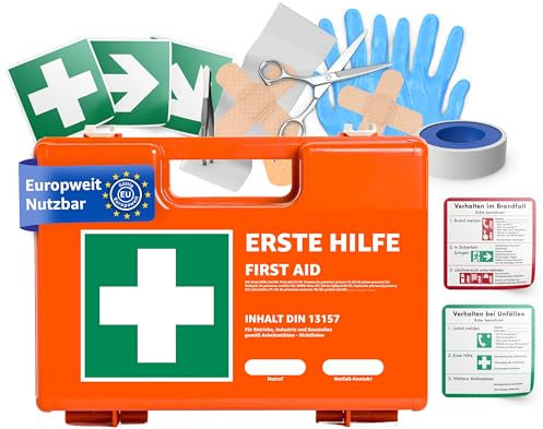 Erste Hilfe Kasten - DIN 13157 Koffer für Unternehmen & Betriebe - Verbandskasten orange nach aktueller Norm geprüft - Mit Aufkleber & Wandhalterung