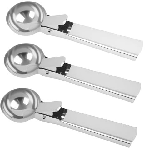 3 porzionatori per gelato 19 x 5,5 x 3 cm, in acciaio inox, con grilletto, cucchiaio per ghiaccio, design durevole, ideale per gelato, pasta per biscotti, frullati, argento