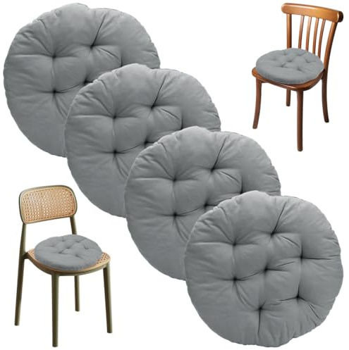Gohytal Sitzkissen Rund 40cm 4er Set, Stuhlkissen mit Befestigungsbändern, Grau, Weiche Stuhlauflage für Esszimmerstuhl, Bürostuhl, Gartenstuhl, Balkon & Küche, Bequemes Sitzpolster