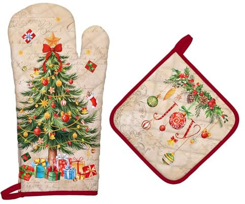 Arquiel Weihnachten Ofenhandschuh und Topflappen 2er-Set Baumwolle | Baumwoll-Küchenset mit Weihnachten-Motiv, hitzebeständig und praktisch zum Kochen, Backen und Grillen.