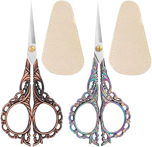 Sewing Embroidery Crafting Scissors Stainless Steel Vintage Peach Blossom Handle for DIY Tools Craft Tailor Needlework Threading Shears 2 Packs 5 Inches with Cover (Red Bronze and Color)