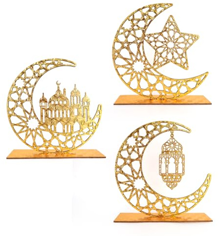 3 Pieces Ramadan Decorations, Eid Mubarak Decorations For Home, Wood Table Eid Decoration gifts, Moon Hollow Star Lanterns Eid Table Decoration For Muslim Islamic Party Tabletop Decor