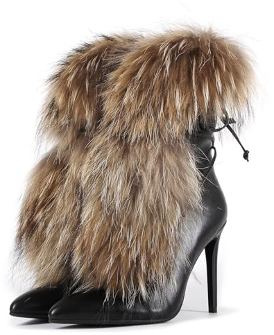 Frankie Hsu Handmade Stiletto Ankle High Heeled Bootie, Black Brown Furry Fuzzy Fur Fluffy Plush Girl Shoes For Women Men