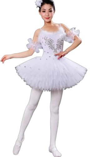 OTMYIGO Flickor Balettklänning Pannkaksdansföreställning Tutuklänning Broderi Spets Liten Svan V-ringad Spaghettiband Ballerinatävlingsdräkt,White,110