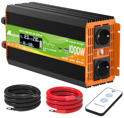Convertisseur 1000W 12v 220v Pur Sinus OnduleurTransformateur | 2 Prise Eu De Courant Alternatif,Ports USB-A/C,Télécommande Sans Fil Et écran LCD,Pour Système Solaire RV, Voyages
