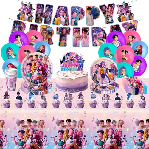 Geburtstag Deko, 81 Stück Anime-Style Party Geburtstagsdeko Set Enthält Geburtstagsbanner, Kuchentopper, Latexballons, Tellerect, Geburtstagsdekoration für Kinder und Fans Geeignet