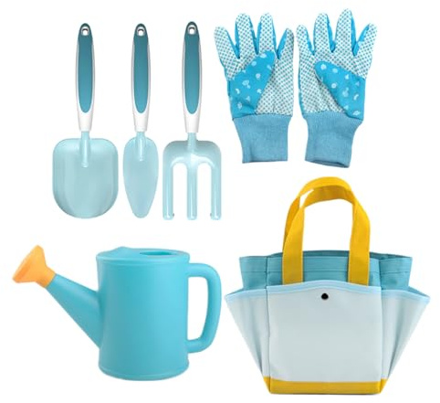 Gartenwerkzeug-Set für Kinder – 6-teiliges Gartenspielzeug blau mit Watering Can Schaufel Handschuhen | Ausgrabungsset für den Außenbereich, für und Mädchen, symbolisches Spiel