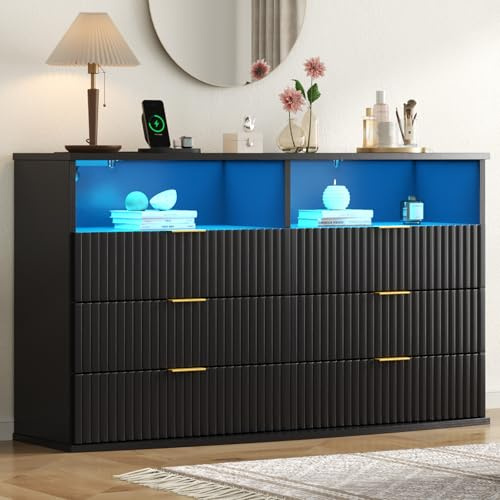 Gyfimoie Fluted 6 Drawer Dresser with LED Lights, Modern Black Chest of Drawers with Power Outlet & Curved Top, Wood Dresser TV Stand, Black Double Dresser for Bedroom, Living Room, Hallway