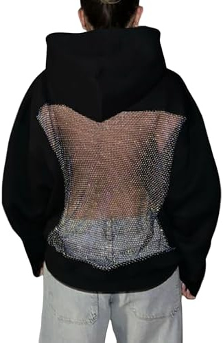 Chanpning Sweat à Capuche Femme Ajourée Sexy Pull Dos Nu Transparent Manches Longues Hoodies de Sport Chic Élégant Sheer Mesh Survêtement Sportswear Y2K Hoodie Top
