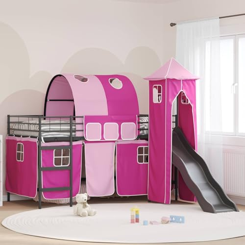 QUAHEAS Kinder Loftbett Schwarz/Pink, 79,5 x 200 cm, Metall, mit Rutsche & Turm, Spielbett für Jungen & Mädchen, Robustes Hochbett