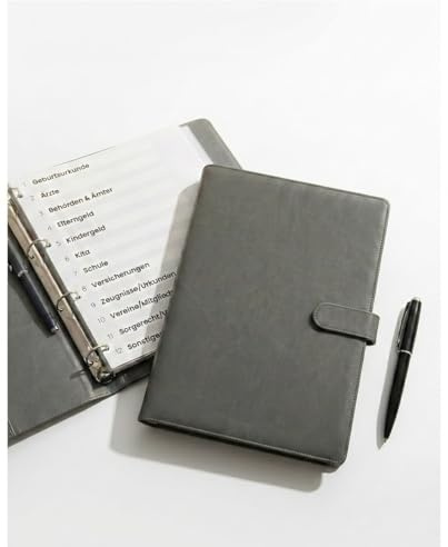 NuNi Kinder Organisationsordner A4, Dokumentenmappe mit 12 Registern, Leder Ringbuch für Zeugnisse und U-Heft, inkl. Kugelschreiber, 2 Einlegetaschen und 10 Glarsichtfolien