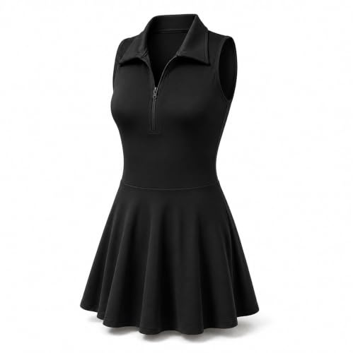 Yu & Me PARIS Womens Athletic Tennis Dress with Built-in Bra & Inner Shorts – Sleeveless Zip Front Sports Dress with Pockets – Quick Dry Workout Golf Activewear