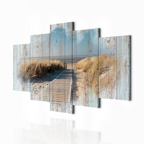 decomonkey Wandbilder Strand Meer 200x100 cm 5 Teilig Leinwandbilder | Bild auf Leinwand, Kunstdruck, Wanddeko, Wohnzimmer, Wanddekoration, Holzeffekt, Landschaft