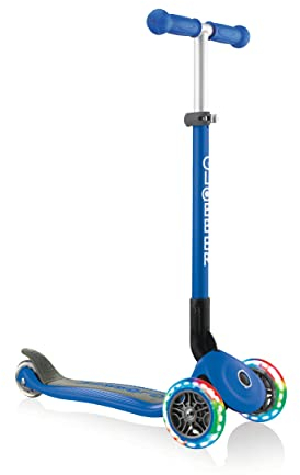 GLOBBER Primo Foldable Lights – Tretroller Kinder, 120/80 mm, ABEC 5, 3-rädrig, höhenverstellbar, LED-Rollen, dunkelblau